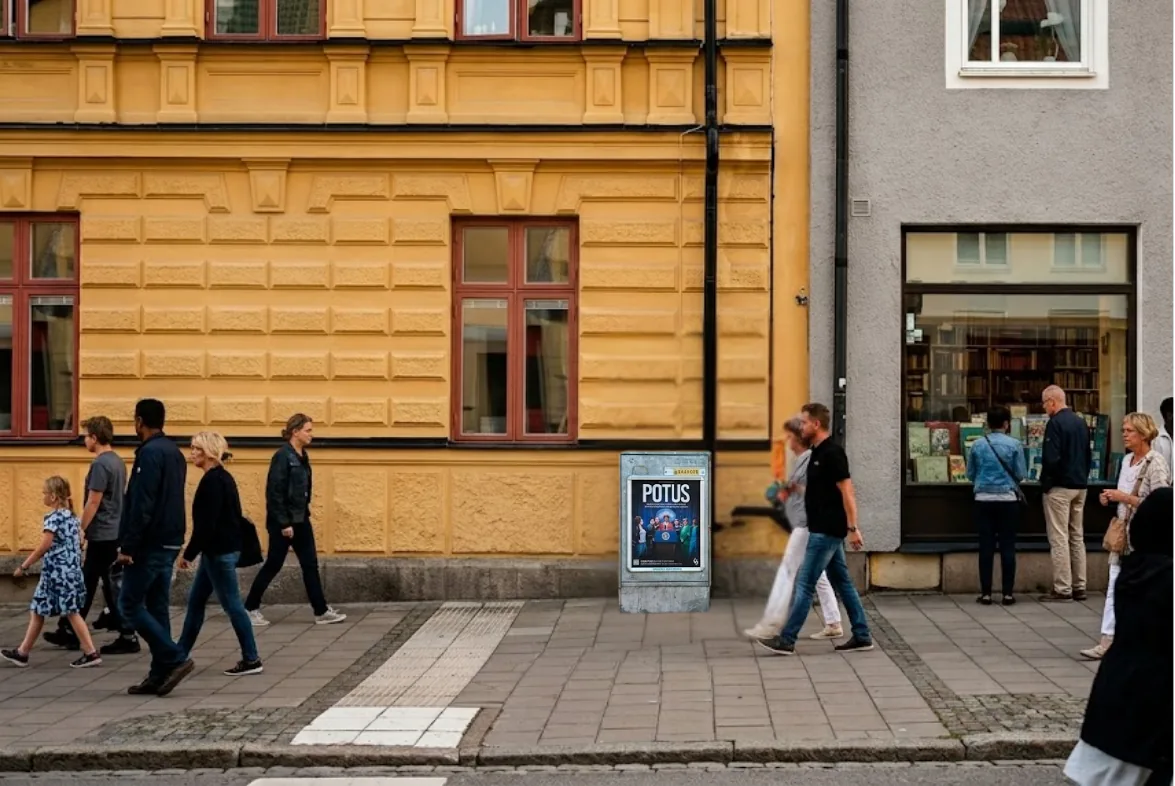 Reklamtavla på elskåp med affisch i Linköpings innerstad